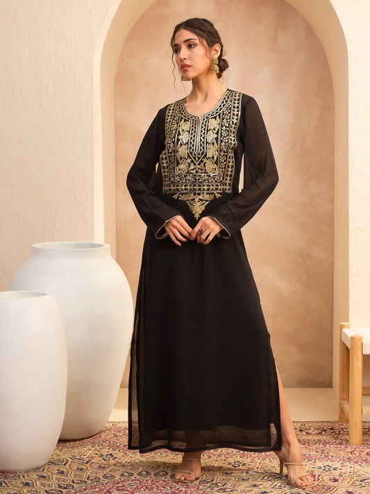 Women Black Embroidered Round Neck Abaya Dress