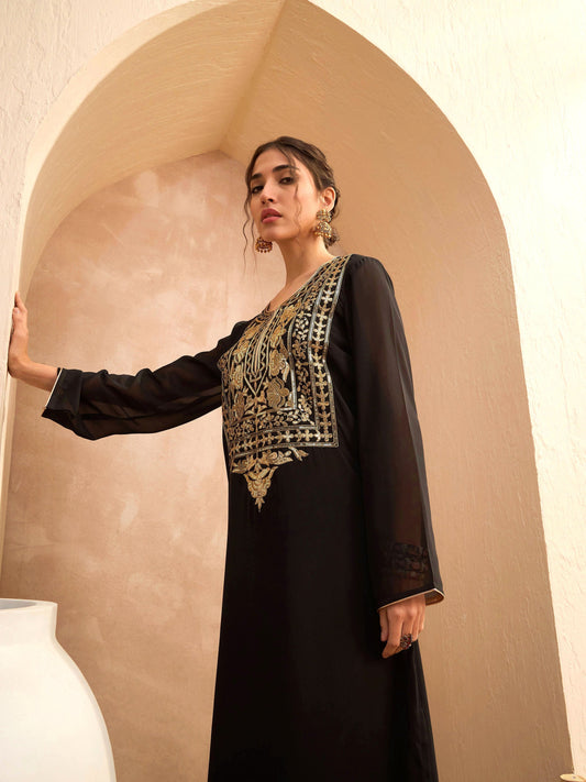 Women Black Embroidered Round Neck Abaya Dress