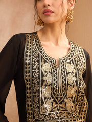 Women Black Embroidered Round Neck Abaya Dress