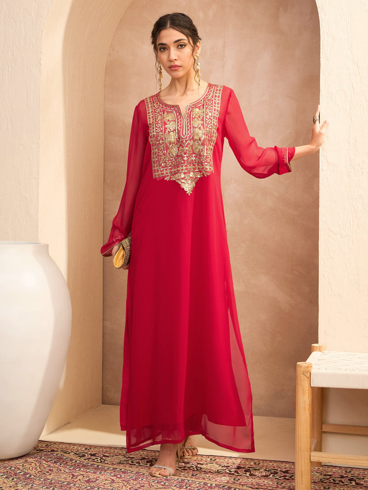 Red Embroidered Round Neck Abaya Dress-Shae by SASSAFRAS