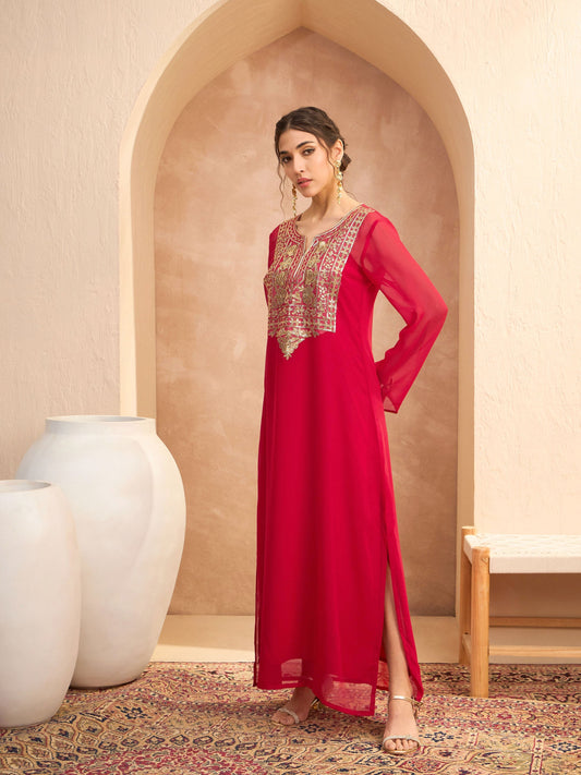 Women Red Embroidered Round Neck Abaya Dress