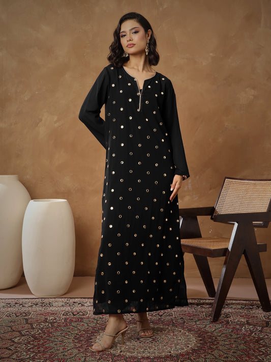 Women Black Embroidered Abaya Dress