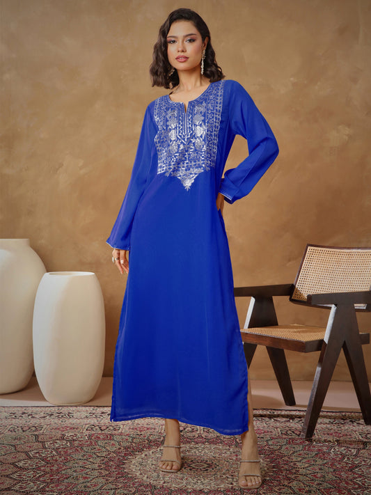 Women Navy Embroidered Round Neck Abaya Dress