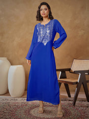 Women Navy Embroidered Round Neck Abaya Dress