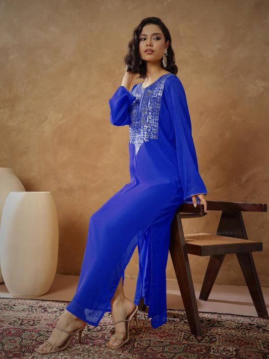 Women Navy Embroidered Round Neck Abaya Dress