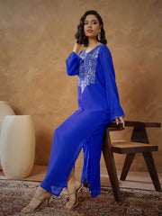 Women Navy Embroidered Round Neck Abaya Dress