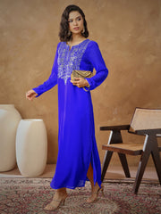 Women Navy Embroidered Round Neck Abaya Dress