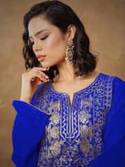 Women Navy Embroidered Round Neck Abaya Dress