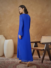Women Navy Embroidered Round Neck Abaya Dress