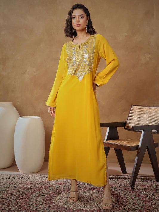 Women Yellow Embroidered Round Neck Abaya Dress