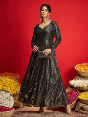 Women Black With Golden Sequins Sweetheart Neck Anarkali Dress
