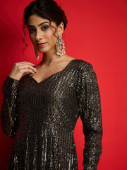 Women Black With Golden Sequins Sweetheart Neck Anarkali Dress
