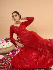 Women Red Sequence Sweetheart Neck Anarkali Dress