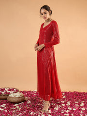 Women Red Sequence Sweetheart Neck Anarkali Dress