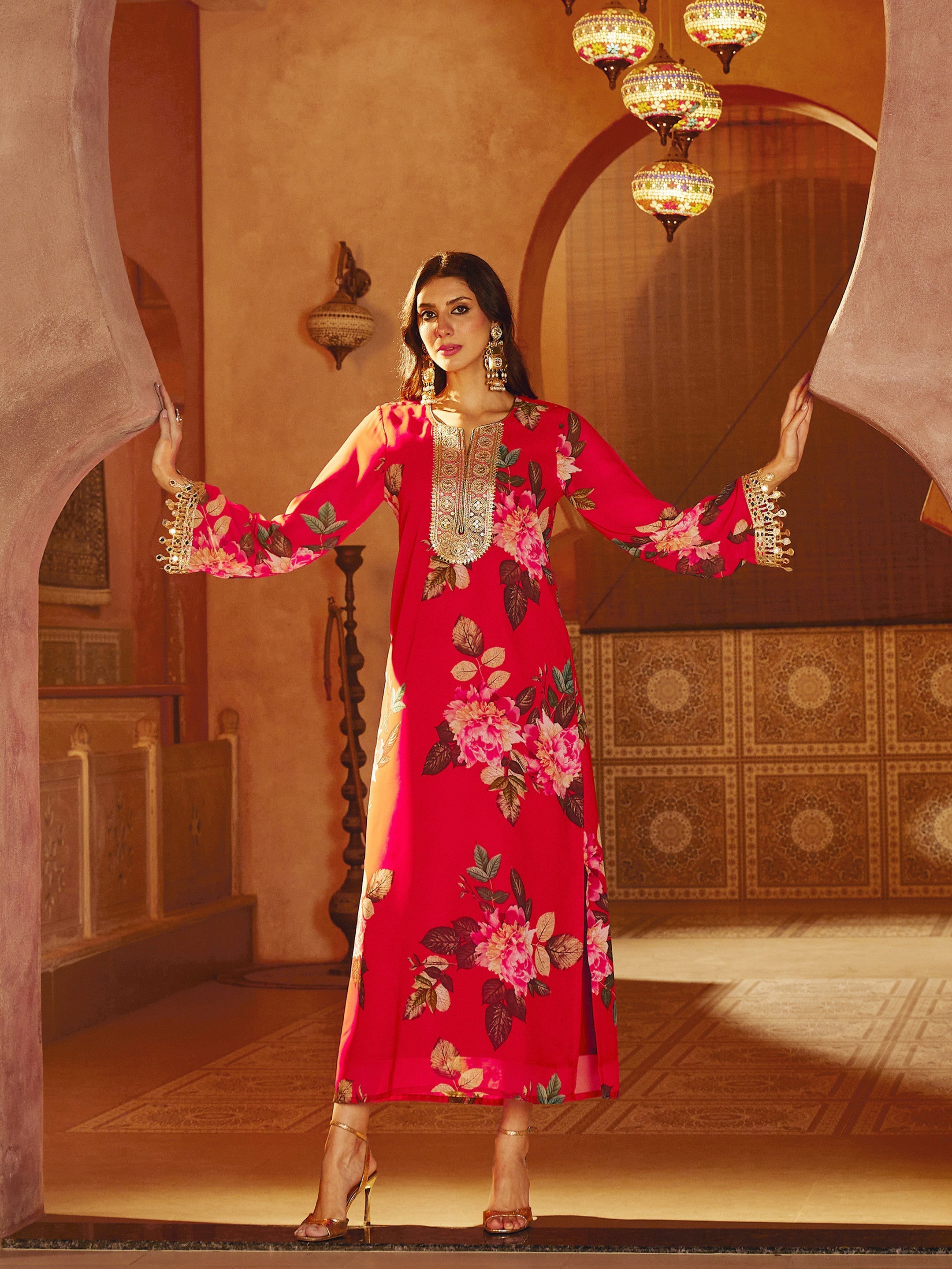 Red Floral Embroidered Neck Abaya Dress Shae By SASSAFRAS 