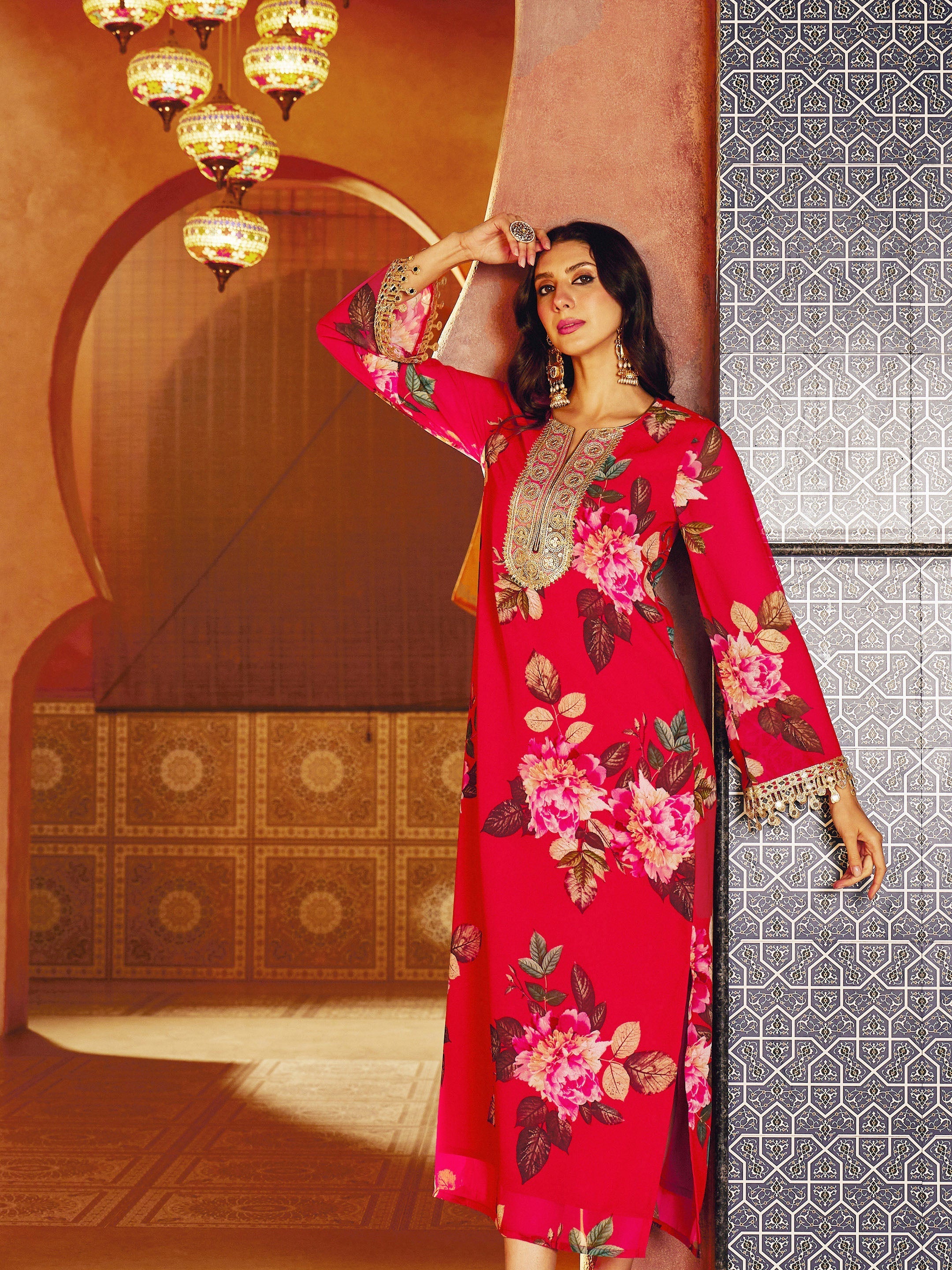 Red Floral Embroidered Neck Abaya Dress Shae By SASSAFRAS 