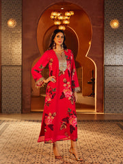Red Floral Embroidered Neck Abaya Dress Shae By SASSAFRAS 