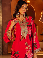 Red Floral Embroidered Neck Abaya Dress Shae By SASSAFRAS 