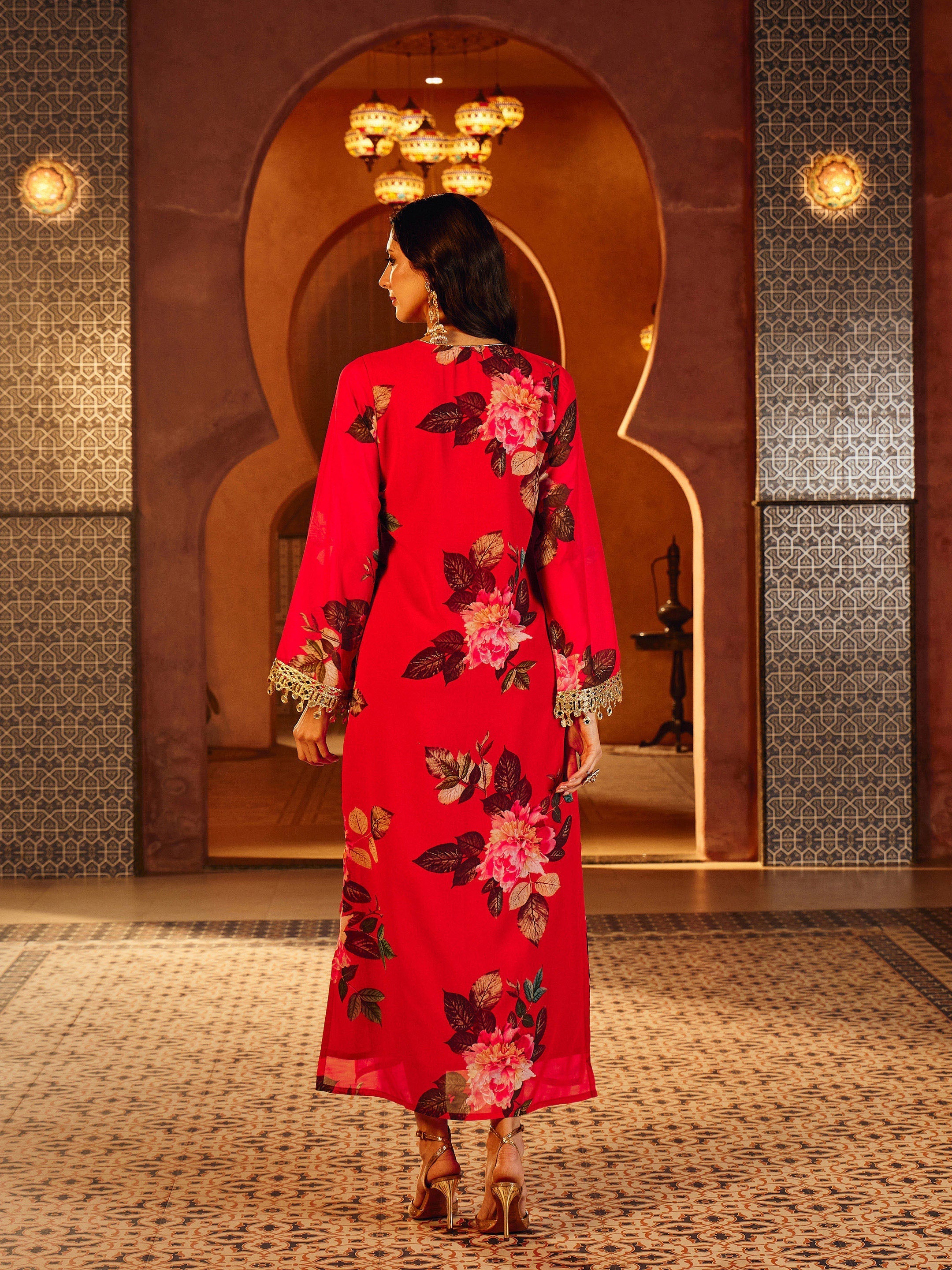 Red Floral Embroidered Neck Abaya Dress Shae By SASSAFRAS 