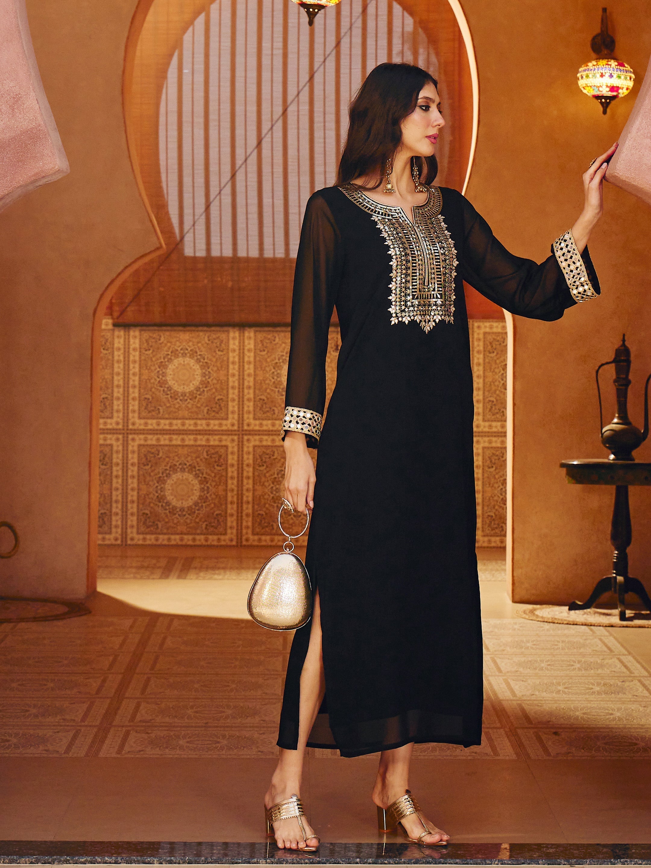 Black Embroidered Neck Abaya Dress Shae By SASSAFRAS 