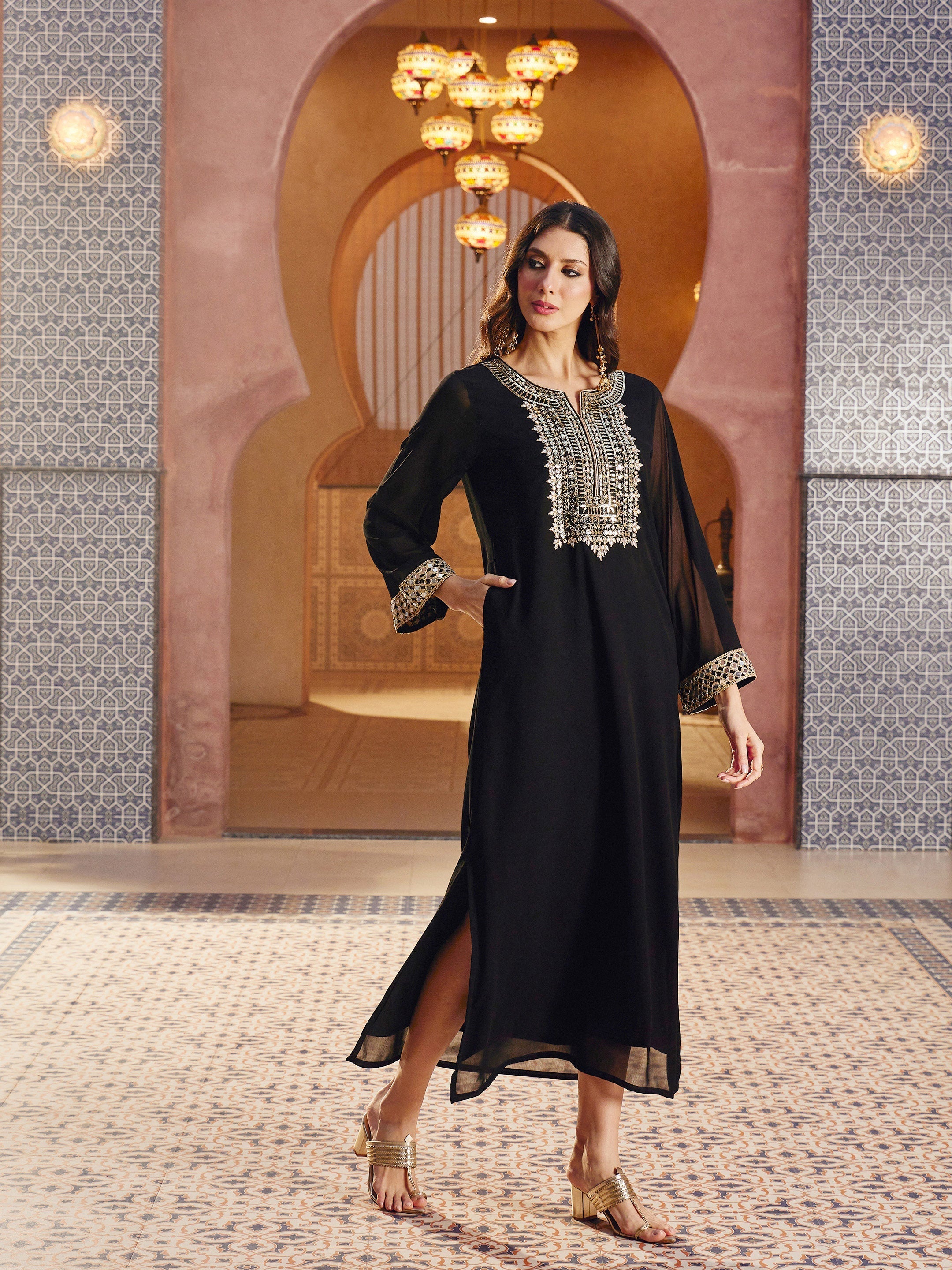 Black Embroidered Neck Abaya Dress Shae By SASSAFRAS 