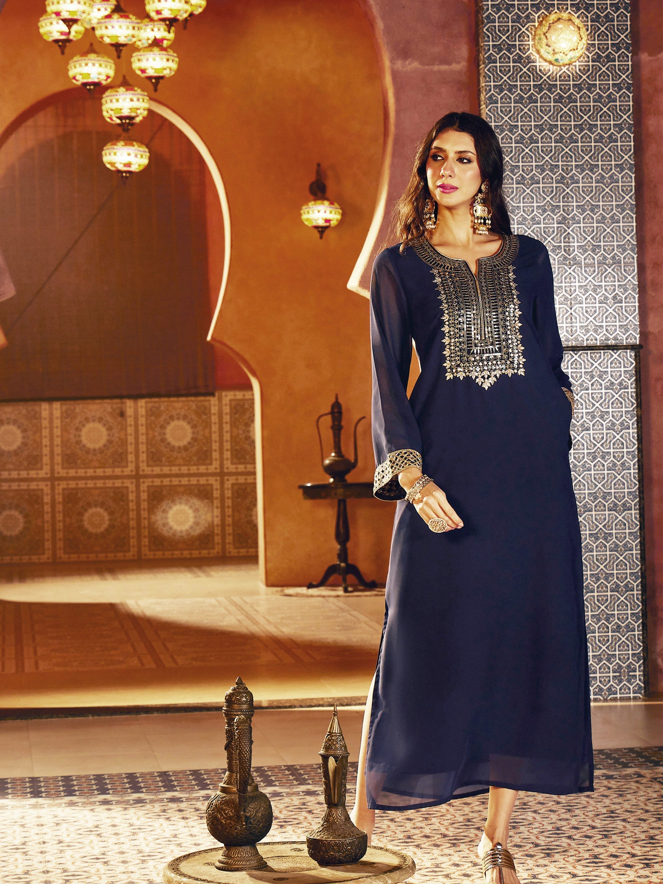 Navy Embroidered Neck Abaya Dress Shae By SASSAFRAS 