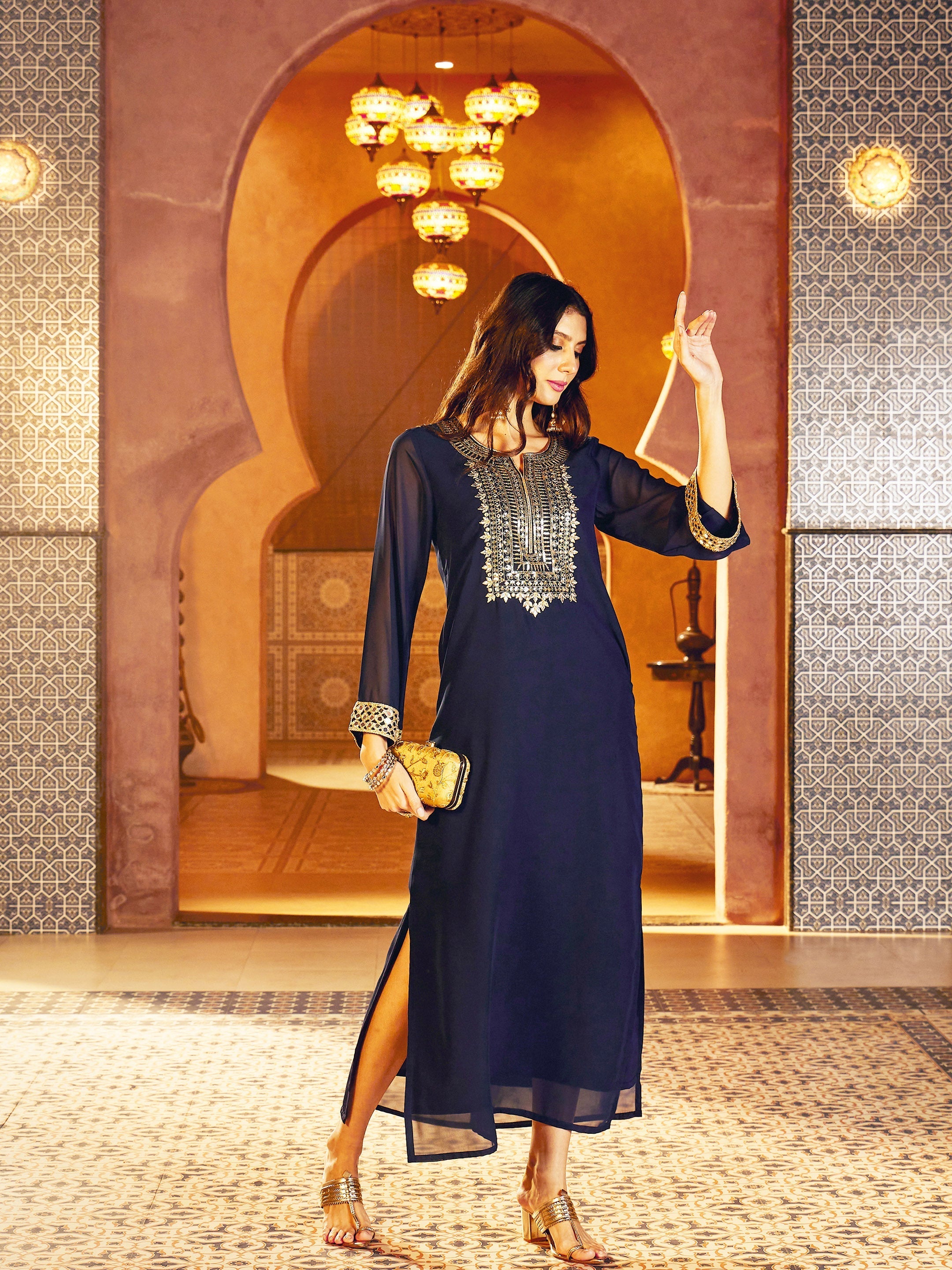 Navy Embroidered Neck Abaya Dress Shae By SASSAFRAS 
