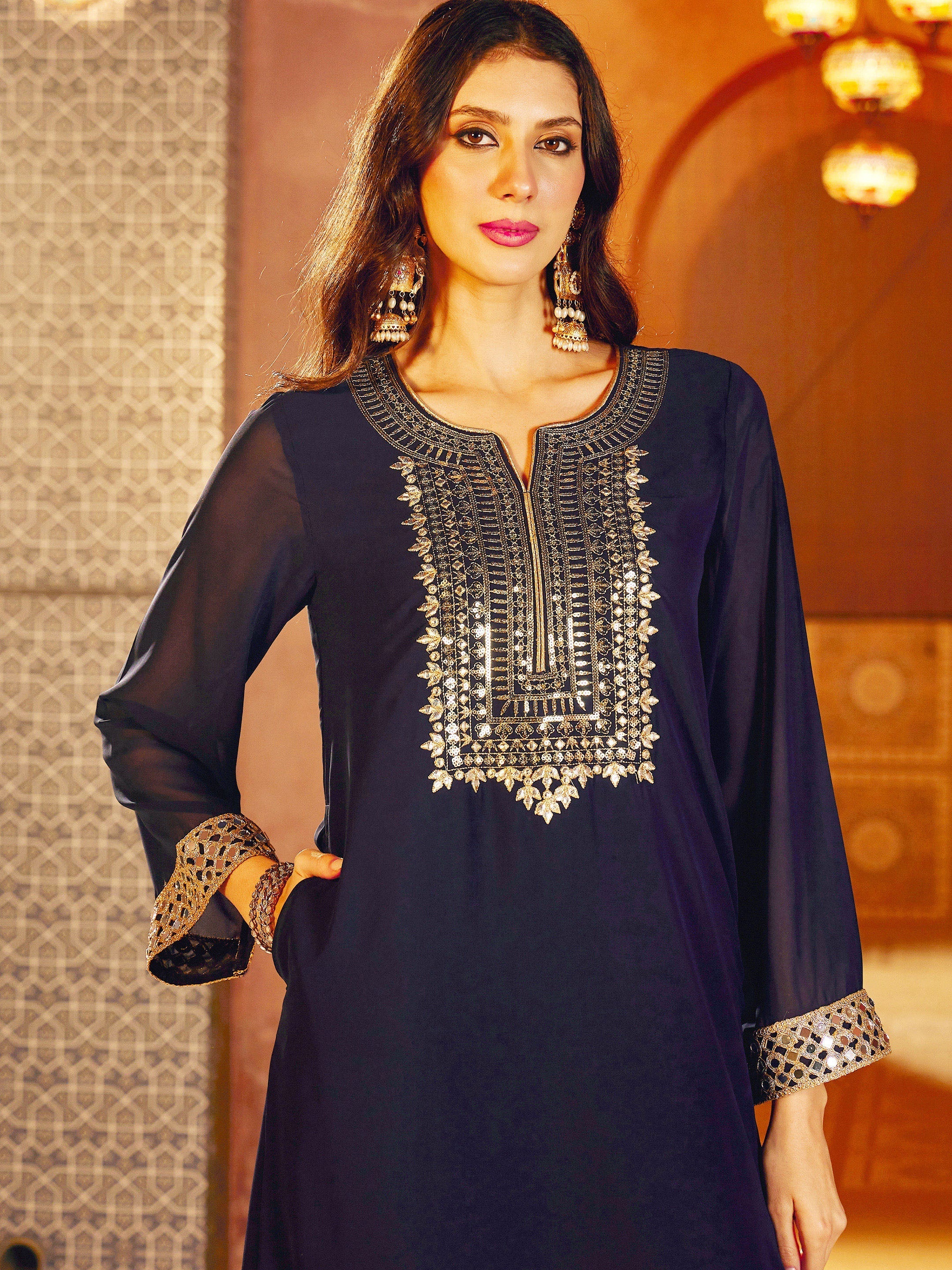Navy Embroidered Neck Abaya Dress Shae By SASSAFRAS 