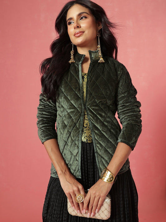 Olive Velvet Quilted Full Sleeves Jacket-Shae by SASSAFRAS