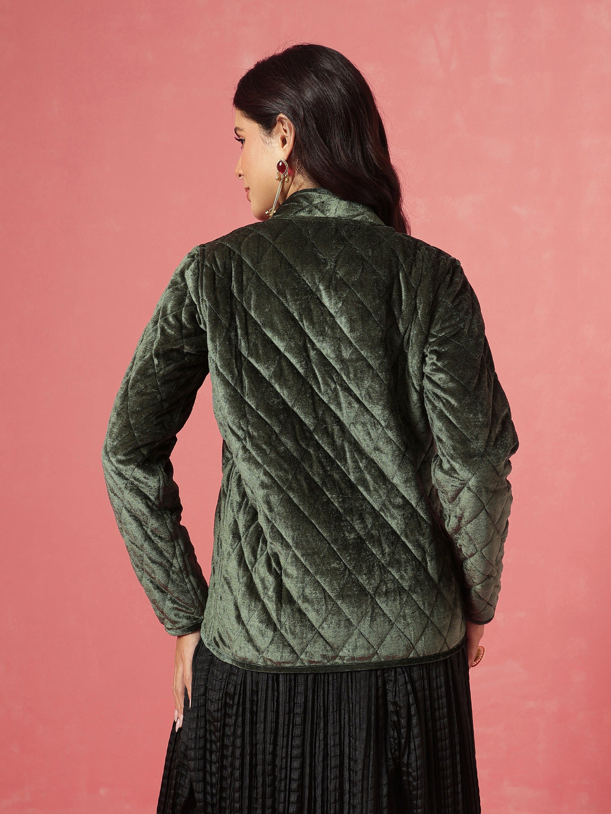 Olive Velvet Quilted Full Sleeves Jacket-Shae by SASSAFRAS