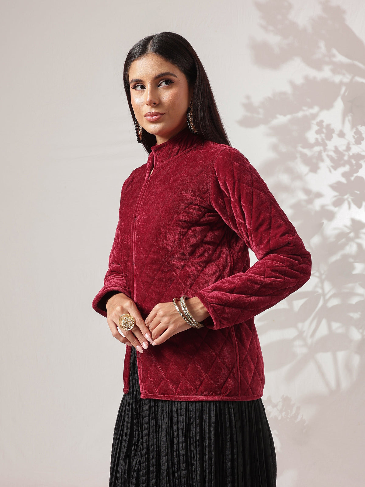 Maroon Velvet Quilted Full Sleeves Jacket-Shae by SASSAFRAS
