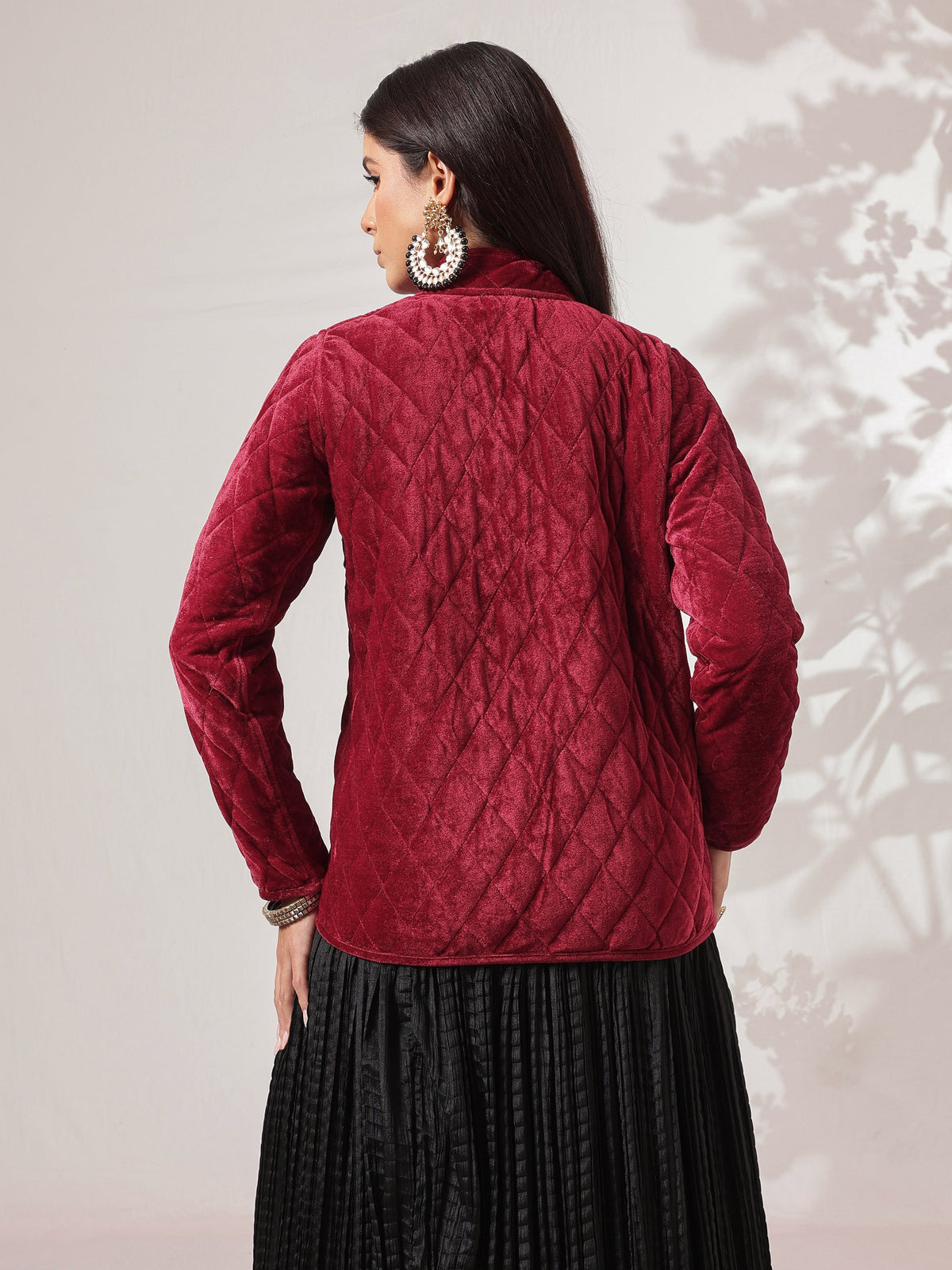 Maroon Velvet Quilted Full Sleeves Jacket-Shae by SASSAFRAS