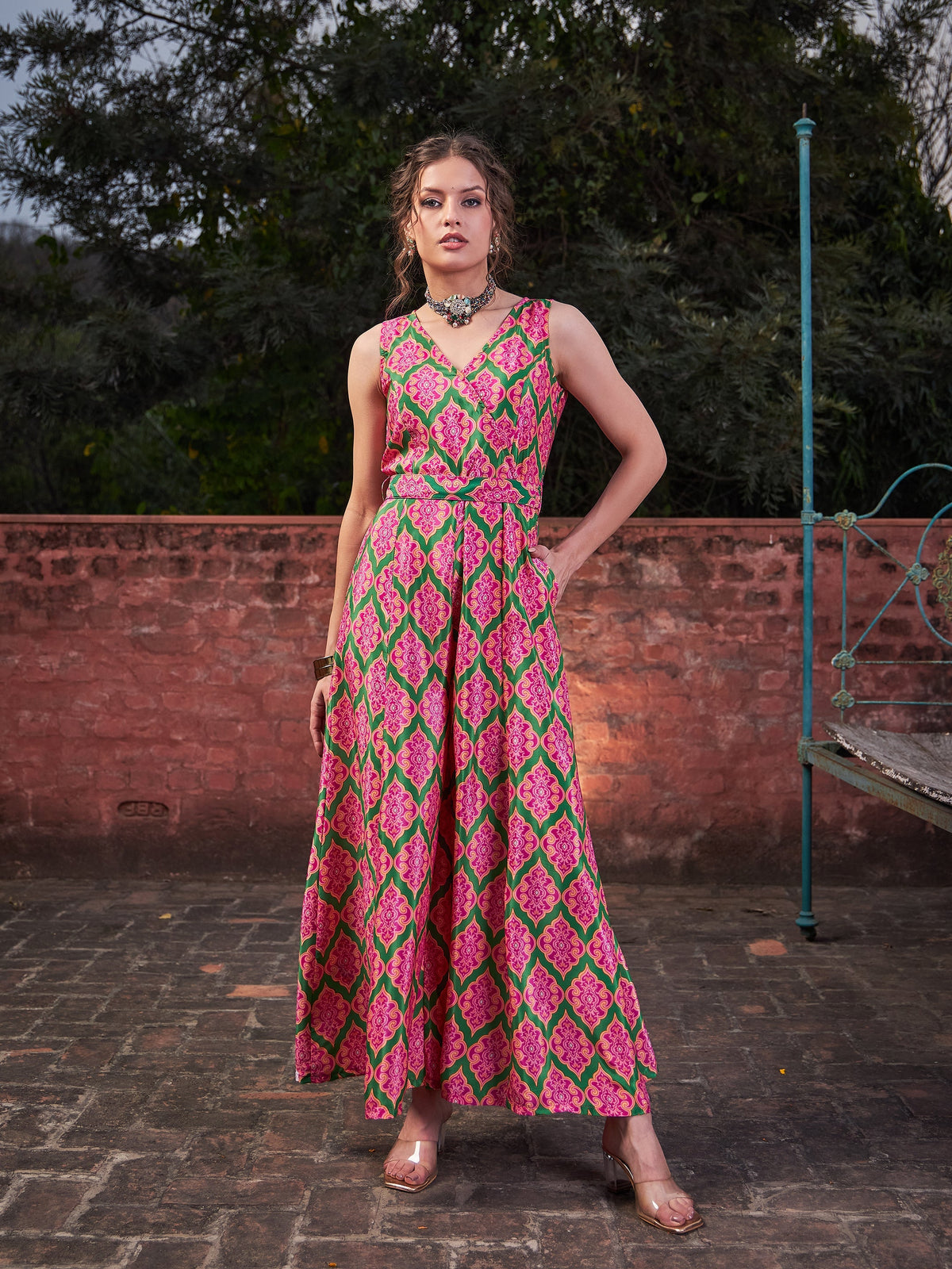 Women Pink & Green Floral Sleeveless Wrap Jumpsuits