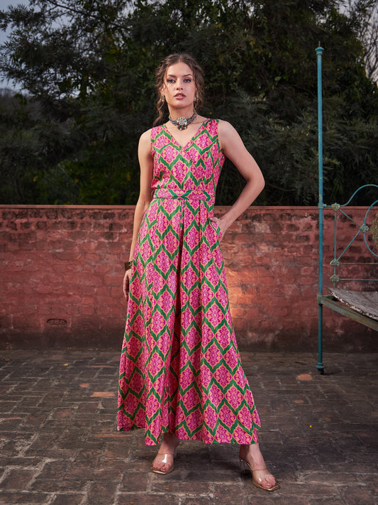Women Pink & Green Floral Sleeveless Wrap Jumpsuits