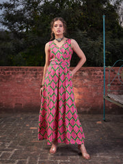 Women Pink & Green Floral Sleeveless Wrap Jumpsuits