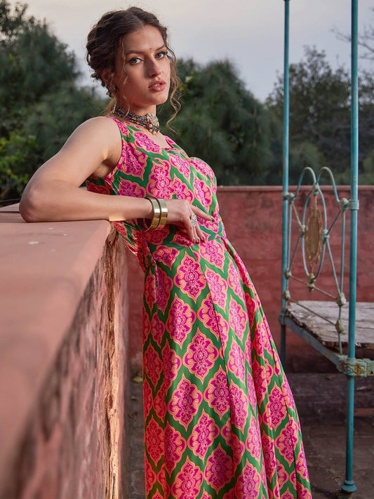 Women Pink & Green Floral Sleeveless Wrap Jumpsuits