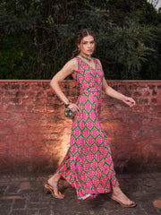 Women Pink & Green Floral Sleeveless Wrap Jumpsuits