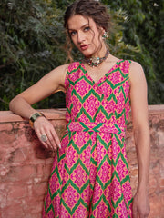 Women Pink & Green Floral Sleeveless Wrap Jumpsuits