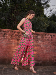 Women Pink & Green Floral Sleeveless Wrap Jumpsuits