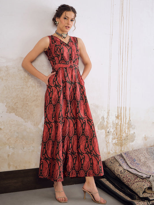 Women Emerald & Pink Floral Sleeveless Wrap Jumpsuits