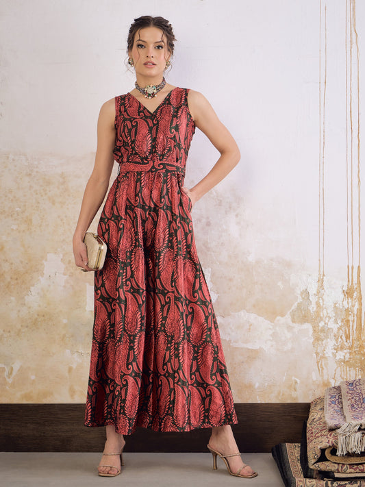Women Emerald & Pink Floral Sleeveless Wrap Jumpsuits