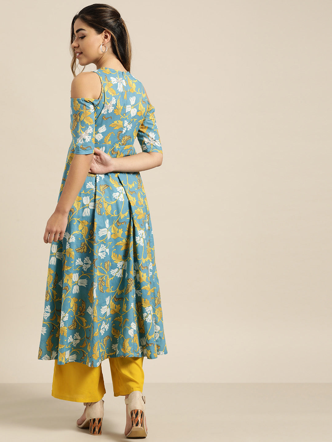 Turquoise Floral Cold Shoulder Midi Kurta Only