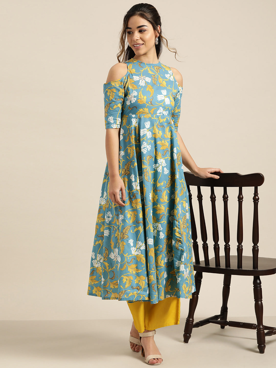 Turquoise Floral Cold Shoulder Midi Kurta Only