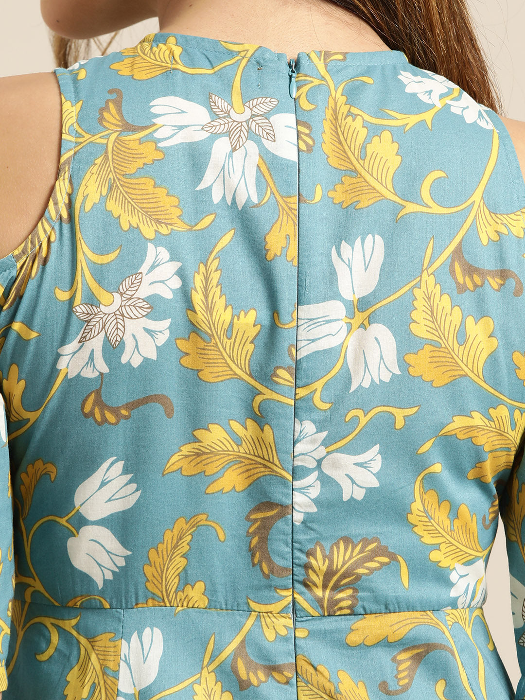 Turquoise Floral Cold Shoulder Midi Kurta Only