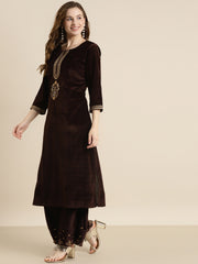 Shae By Sassafras - Brown Velvet Zari Embroidered Straight Kurta