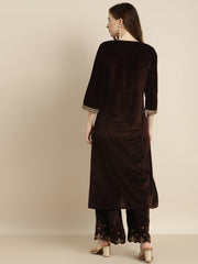 Shae By Sassafras - Brown Velvet Zari Embroidered Straight Kurta