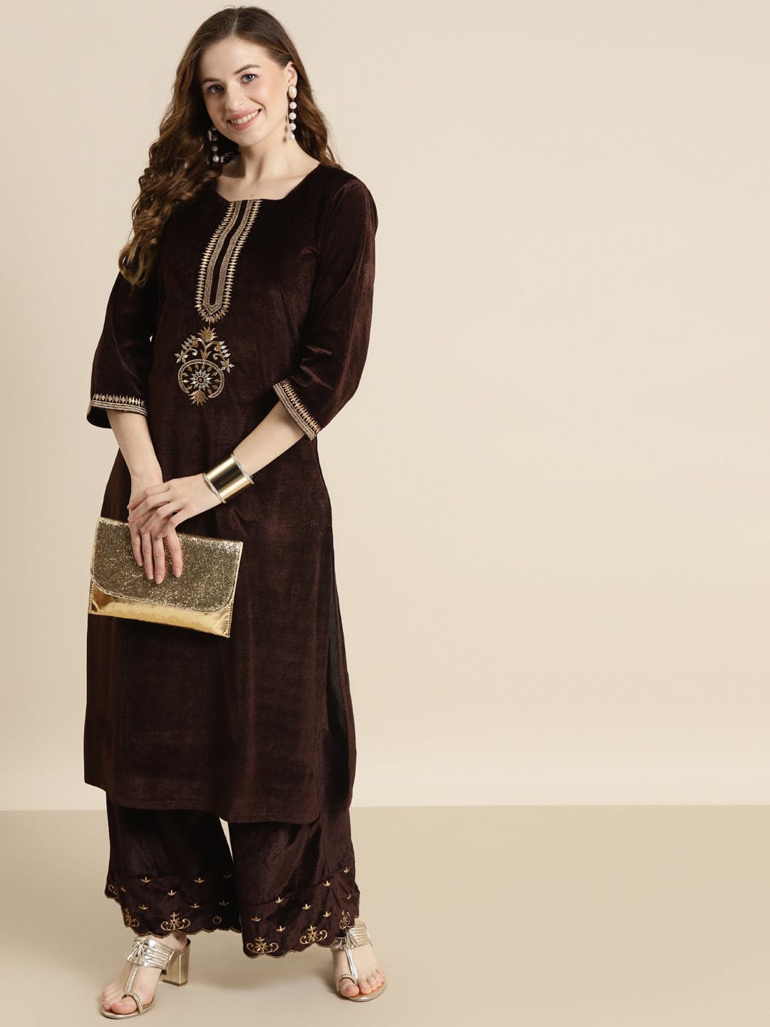 Shae By Sassafras - Brown Velvet Zari Embroidered Straight Kurta