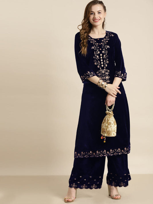 Shae by SASSAFRAS - Navy Velvet Floral Zari Embroidery Kurta Only