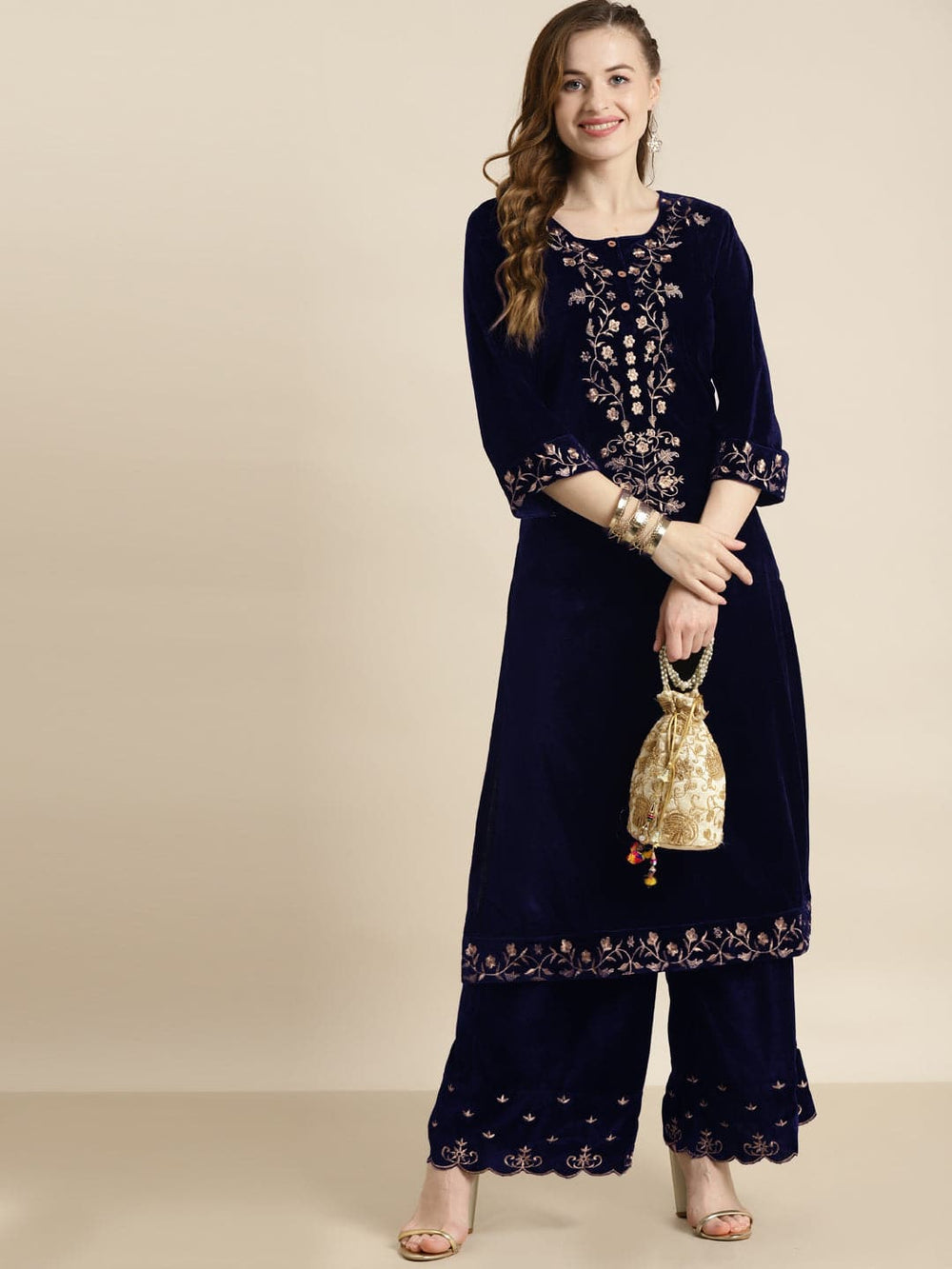 Shae by SASSAFRAS - Navy Velvet Floral Zari Embroidery Kurta