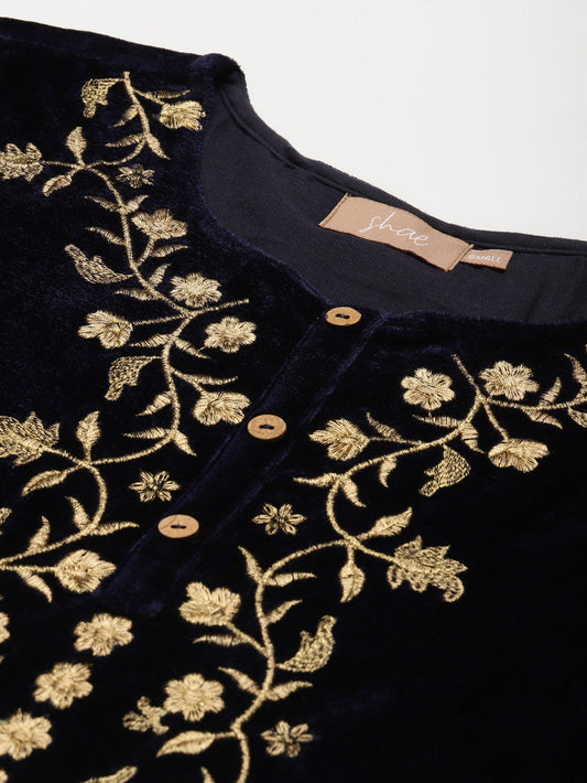 Shae by SASSAFRAS - Navy Velvet Floral Zari Embroidery Kurta Only